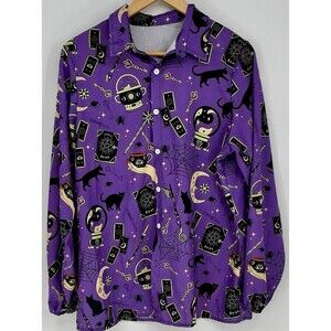 Womens XL Halloween Witchy Shirt Purple Black Cats Tarot Spiders Daggers Button